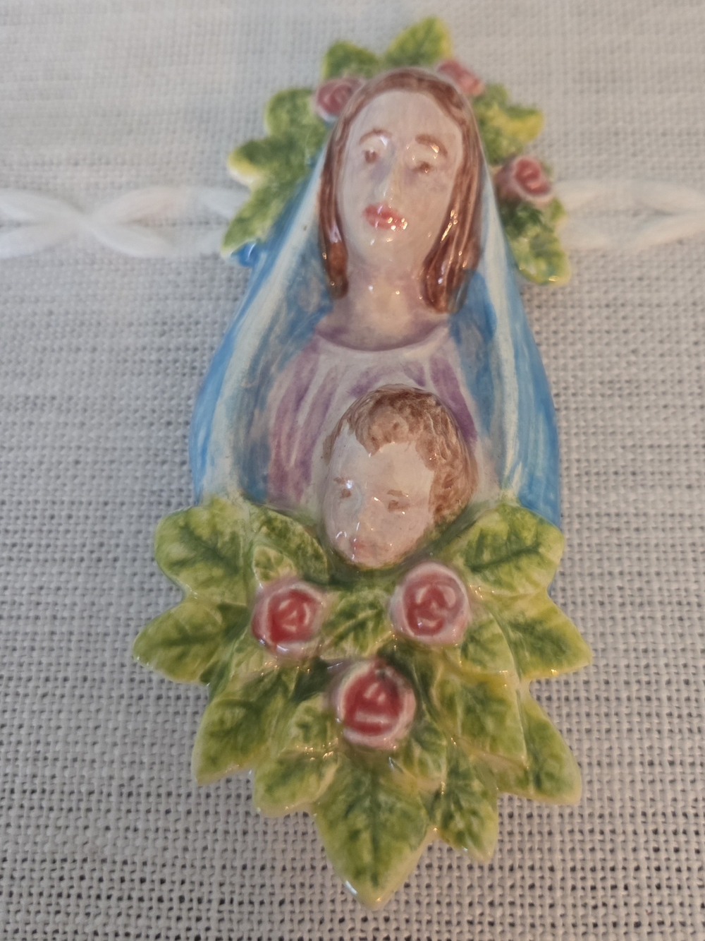Vintage Blue Madonna and Child Wall Accent with Pink Roses